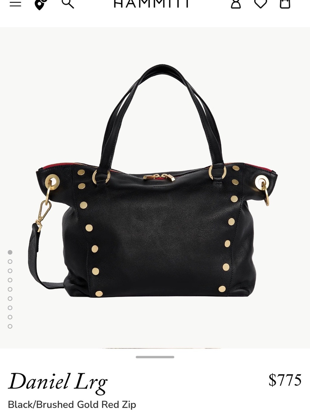 Hammitt Daniel Large Leather Bag with Brushed Gold Hardware and Red Zip Trim